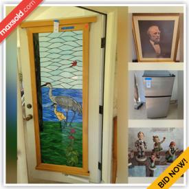 MaxSold Auction: This online auction features lawn tools, hand tools, planter pots, turtle collection, Goebel figurines, German books, ladders, stained glass panels, leaded glass panels, decorative mask, refrigerator/freezer, wood sculpture, live plants, art pottery, decorative porcelain plates, computer desk & chair, vintage Pyrex, vintage Hummels, brass wall art, small kitchen appliances, and more!