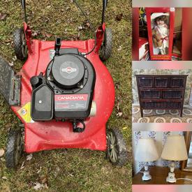 MaxSold Auction: This online auction features wicker trundle bed, desks, pull-out couch, TV, table lamps, small kitchen appliances, patio chairs, bikes, outerwear, NIB vanity set, wine racks, lawnmower, collector doll, and more!