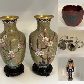 MaxSold Auction: This online auction includes pottery, vases, glass bottles, jewelry, accessories, folk art statues, vintage Chinese cloisonne plate, teapots, Franklin Mint ornaments, vintage textile flags, decorative flower arrangement, Longaberger basket, Hummel doll, candlesticks and more!