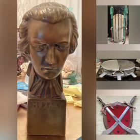 MaxSold Auction: This online auction features composer busts, garden urn, camera, costume jewelry, raclette grill, glass decanter, antique magic lantern, bubble glass swag light, pottery wall pockets, leatherwork picture, art glass, Indigenous artwork, yard art, Carnival glass, Depression glass, soapstone carvings, and much, much, more!!!