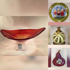 MaxSold Auction: This online auction features art glass, blown glass bird collection, perfume bottles, vintage crackle glass, Orrefors candle holders, vintage crystal cruets, hologram paperweights, vintage Pyrex, decorative plates, Quebec Folk Art carving, wood carvings, wooden mask, duck sculptures, art pottery, fused glass dishes, trinket boxes, Hoselton sculptures, and much, much, more!!!