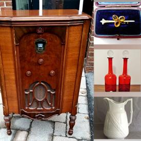MaxSold Auction: This online auction features antique dresser set, gold jewellery, silver jewellery, perfume bottles, decanters, Chinese screen, vintage stained glass cabinet, Art Deco lamp, teacup/saucer sets, antique books, hatpin collection, Herend figurines, Royal Doulton figurines, Nippon dishes, Cranberry glass, antique ironstone pieces, BRC lanterns, crystal decanters, art pottery, biscuit jar, vintage dresser boxes, Bunnykins, art book, antique inkwell, Indigenous artwork, children’s books, and much, much, more!!!\n