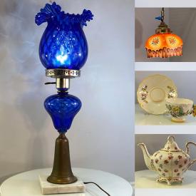 MaxSold Auction: This online auction features vintage torchiere floor lamp, Tiffany style hanging lamps, Sadler teapots, Hummel, art glass, collector porcelain dolls, Jadeite bowl, teacup/saucer sets, vintage jewelry, vintage lighters, collector plates, vintage stained glass panel, and more!