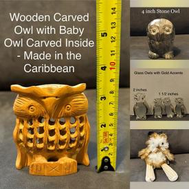 MaxSold Auction: This Charity/Fundraising Online Auction features an unique owl collection including John Perry sculpture, candle, pottery, stone carvings, wooden carvings, trinket boxes, art glass, plates, collector figures, metal, cloth, lamp, S & P shakers, stained glass, towels, mugs, jewelry, ornaments, and more!