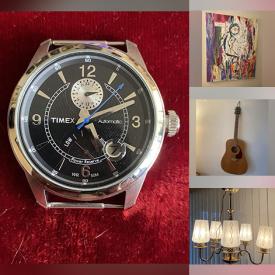 MaxSold Auction: This online auction features MCM lamps, guitars, watch, MCM abstract art, vintage original art, mirror, vintage porcelain plate, vintage jade figurine, vintage pottery,  vintage robot, metal figurines, stone carving, antique beer mug, art glass, Fenton glass, brass decanter, vintage quilts, yarn, and much, much, more!!!