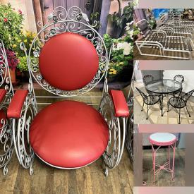 MaxSold Auction: This online auction features vintage cafe set, vintage wrought iron chairs, vintage Salterini furniture, aluminum love seat, wrought iron tables, wrought iron chat set, vintage parlor stools, stackable sling chairs, nesting tables, MCM iron bar cart, patio sectional, vintage Cinderella chairs, vintage bird cage, aluminum chaise loungers, and more!