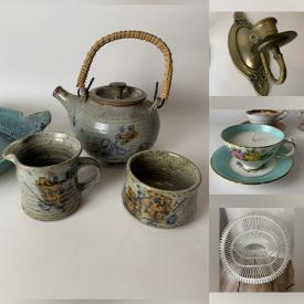 MaxSold Auction: This online auction features art pottery, vintage German mugs, art books, art glass, antique farmhouse table, antique window, teak lamp, teacup/saucer sets, brass pieces, antique bottles, desk,  outerwear, antique maps, office supplies, and much, much, more!!!