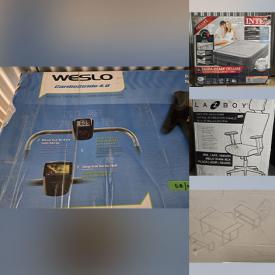 MaxSold Auction: This online auction features leather sofa, standing desk, exercise equipment, pet products, mirrors, office chairs, curtain panels, pendant light, table lamps, sconces, canopy tent, bar stools, area rugs, accent tables, TV stands, and more!