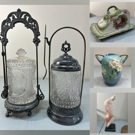 MaxSold Auction: This online auction features Carnival glass, small kitchen appliances, antique books, vintage tins, antique biscuit barrels, steins, decorative plates, collector plates, art glass, antique sewing machine, windsurf sail, computer desk, teacup/saucer sets, Roseville pottery, oil lamp, antique bottles, vintage jewelry, golf clubs, yard art, and more!