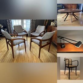 MaxSold Auction: This online auction features MCM Thonet chairs, Art Deco ceiling lamps, art glass, metal floor & table lamps, teak furniture, vintage Wave lamp, vintage Tiffany-style pendant lamps, and more!