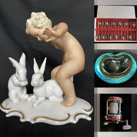 MaxSold Auction: This online auction features Hummels, lacquered eggs, antique Limoges, decanter, art glass, wood carvings, Royal Doulton figurines, milk glass, collector plates, nude cherub figurines, vintage games, collector spoons, antique hand tools, uranium glass, Carnival glass, telescope, lighters, costume jewelry, and more!
