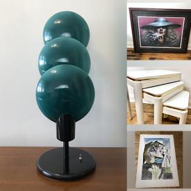 MaxSold Auction: This online auction features Waterfall table lamp, art glass, brass figurines, West German pottery, vintage mirror art, MCM tables, brass bar cart, antique engraving, metal wall art, wicker furniture, gravel art, African wood stool, and more!!\n
