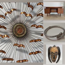 MaxSold Auction: This online auction features teak furniture, sandstone carving, vintage African mask, art pottery, signed Austion Production sculptures, Moorcroft dish, teacup/saucer sets, art glass, silver jewelry, costume jewelry, Uranium glass, perfume bottle, biker jacket, stained glass pendant light, metal wall art, wooden statues, and more!!n