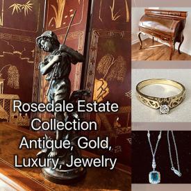MaxSold Auction: This online auction features costume jewellery, antique Griffin writing table, gold jewellery, antique crystal, antique carved oak desk, watches, antique Dresden style lamps, art glass, art books, antique mantel clock, antique Victorian style side tables, area rug, Swarovski jewellery, teacup/saucer sets, UNICEF collector plate, Roseville pottery, men’s & women’s clothing, pearl jewellery, and much, much, more!!!
