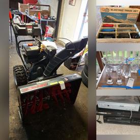 MaxSold Auction: This auction features Troy-Bilt Snowblower, Early Trains, Records, Stereo Equipment, Victrola, Pottery, Pillows, Vases, Games, Hess Trucks, Kitchenware, Silverplate, Tables, Garden Tools, Camping Gear, Sand Blast Cabinet , Hand Tools, Tool Chests, Art, Books, Barware, Baccarat Crystal, Linens, Lamps, Bedroom Set, Storage, Health Aids , Patio Furniture, more and much much more!