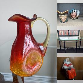 MaxSold Auction: This online auction features glass top tables, Bombay Company bedroom furniture, chest freezer, area rugs, stereo components, vinyl records, costume jewelry, Royal Doulton figurines, desk, electric fireplace, teacup/saucer sets, Depression glass, brass floor lamp, art glass, vintage Minton figurine, Toby mugs, small kitchen appliances, and more!