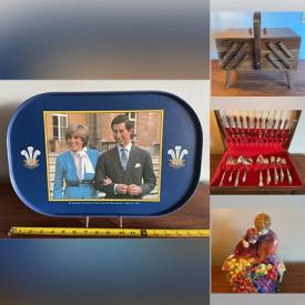 MaxSold Auction: This online auction features items such as Royal Doulton figurines, vintage silverware, Queen Elizabeth memorabilia, pewter beer steins, crystal vases, antique lamps, Romanian sewing chest, collectible plates, and much, much more!!!!