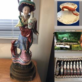 MaxSold Auction: This online auction features antique tables, brass lamps, antique crystal luster, cinnabar vases, Victorian settee, bronze sculpture, African wall mask, wood carvings, office chairs, bar chairs, small kitchen appliances, art glass, antique saxophone, Navajo rug, and more!