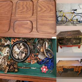 MaxSold Auction: This online auction features vintage wooden desks, costume jewelry, bike, tribal wall mask, antique Asian box, vintage Holophane lamps/globes, vintage stained glass panel, DVDs, vintage oil paintings, area rug, vinyl records, planter, vintage folk art pottery, jerseys, power tools, novelty teapots, Sadler teapot, and much more!!