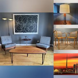 MaxSold Auction: This online auction features MCM tables & chairs, postmodern pendant lights & floor lamp, vintage Tiffany-style lamp fixture, Rodopho oil painting, art glass, Andy Warhol artwork, NIB ceiling fan, and more!