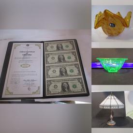 MaxSold Auction: This online auction features quilts, perfume bottle, toys, art glass, Carnival glass, nesting dolls, Tiffany-style lamps, stained glass sun catchers, Moorcroft dish, gurgle jug, comics, tulip lamp, starburst mirror, stamps, coins, banknotes, vintage tins, wooden ducks, Jadeite, brass pieces, puzzles, Uranium glass, MAD magazines, Pokemon cards, Bunnykins, and much, much, more!!!