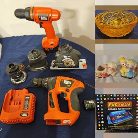 MaxSold Auction: This online auction features vintage Jeannette glass, comics, power tools, video games, Fenton glass, vinyl records, table air hockey, cookie jar, fog machine, cameras, virtual reality googles,  NIB toys, women’s shoes, storage bins, pop culture trading cards, sports memorabilia, art glass, RC vehicle, Jim Shore collectible, costume jewelry, sports trading cards, and more!
