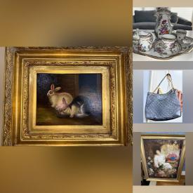 MaxSold Auction: This online auction features Italian pottery, Royal Holland pewter, cloisonne lamps, Limoges painting, Captain\'s chest, Dresden coffee set, Asian Art sculpture, area rug, faux plants, Thomas McNight prints, wicker furniture, brass collection, reindeer table, and more!!