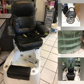 MaxSold Auction: This online auction features pedicure spa chairs, commercial hair dryer, salon stations, glass/silver shelves, salon chairs, shampoo stations, waiting chairs, supply carts, barber chairs, trash cans, rubber floor mats, and more!