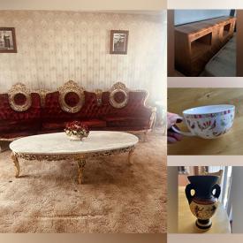 MaxSold Auction: This online auction features marble dining table, china dish set, vintage sewing machine, electrified oil lamps, vanity, brass bed frame, desks, and more!