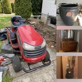 MaxSold Auction: This auction features Lawn Tractor, Outdoor Furniture, Planters, Framed Art, Garden Tools, Lamps, Sporting Goods, Area Rugs, Cow Hide, Books, Linens, Coins, Shelving, Dishes, Chairs, Vases, Posters, Household Appliances more and much much more!