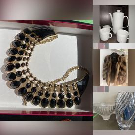 MaxSold Auction: This online auction features vintage Costume jewelry, oxo storage containers, Dining Table, Faux Leather chairs, Dinnerware Plates, Glass ice cream cups, Stainless steel cooking pots, silverplated serving cutlery, Mink coats, Couch, Large hand bag/shoulder bag, Cafeware bowls, Books, Wool Derby hats, Laundry & cleaning supplies, Framed Art, Serving trays, Bench and many more!!