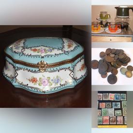 MaxSold Auction: This online auction features fashion jewelry, milk glass, Asian style vases, art pottery, vintage kitchen tools, Swarovski ornament, art glass, coins, new beauty products, vintage toys, stamps, Asian pottery tea set, vintage Pyrex, game, metal gong, pet products, vintage linens, trains, office supplies, beer steins, wood carving, collectors plates, Noritake basket, and much more!