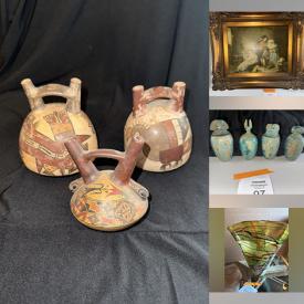 MaxSold Auction: This online auction features Mexican pottery, Peruvian pottery, art pottery, art books, Andonia clock, teacup/saucer sets, area rug, Italian collectible plates, Russian collectible plates, Medieval collectible plates, blue & white ceramics, opaline glass, Carnival glass, vintage chandelier, small kitchen appliances, vintage Art Nouveau lamp, art glass, heater, Museum Collections, and much, much, more!!!