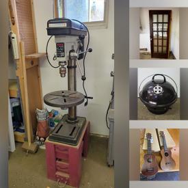 MaxSold Auction: This online auction features power tools, vintage wooden glass door, space heater, vintage tools, laminator, craft rubber stamps, art supplies, office supplies, crafting supplies, yarn, ukuleles, hardware, air compressor, vintage oil heater, garden art, hardware, stamps, and more!
