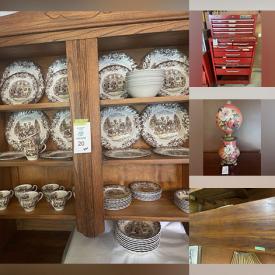 MaxSold Auction: This online auction features snuff bottles, Johns Bros dishware, vintage inkwells, vintage dressers, games, TV, futon, watches, mantle clocks, cuckoo clock, sewing machines, fabric, buttons, vintage ashtrays, small kitchen appliances, Blue Mountain Pottery, vinyl records, wooden statues, power & hand tools, rolling toolbox, vintage irons, welding supplies, chainsaw, electrical supplies, vintage slag glass lights, garden tools, comics, powerwasher, craft supplies, office supplies, cedar chest, and much, much, more!!!