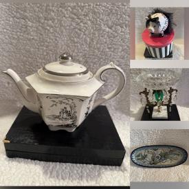 MaxSold Auction: This online auction features teapot collection, vintage porcelain decorative plates, trinket boxes, SP decorative teaspoons, collector plates, tea sets, decanter set, Ironstone platter, Flow Blue platter, vanity sets, art glass, and much, much, more!!!