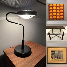 MaxSold Auction: This online auction features Postmodern stool & lamps, glass top tables, MCM dining table, woodcut prints, cloisonne vase, wood carvings, area rugs, Ray Storberg paintings, and more!