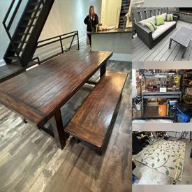 MaxSold Auction: This online auction features workbench, hand tools, bike, aero bed, outdoor rug, patio furniture leather sofa, TV, dining table & chairs, and more!