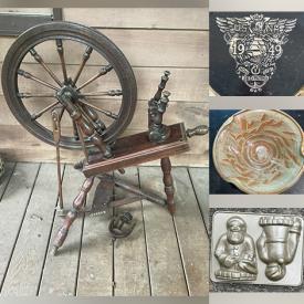 MaxSold Auction: This online auction features spinning wheel, art glass, Toby mugs, vintage bongos, Scott Mutter poster, Roseville pottery, antique pocket watch, Marshall pottery, children’s books, Caribbean Balik art, McCoy pottery, Anna Pugh print, blanket chest, mirrors, bike, and more!