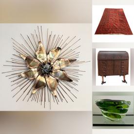 MaxSold Auction: This online auction features Herman Miller shell chairs, vintage Pyrex, Brutalist wall art, West Germany vases, wood carving, vintage Japanese woodblock print, Navajo pottery, antique crock, insulator, Persian area rug, McCoy & Hull pottery, Roseville planter, roll top secretary, rattan light, art glass, bar stools, and more!