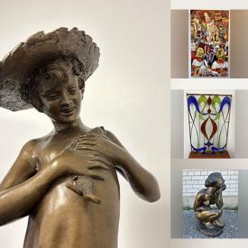 MaxSold Auction: This online auction features bronze statues, vintage microscope, stained glass panel, Jessie Willcox Smith art, \"Marx\" playset, stylized bongo drums, art pottery, Hoselton sculpture, Roseville pottery, Lladro sculpture, Lily table lamp, Vaseline glass, cloisonne vases, art books, and more!