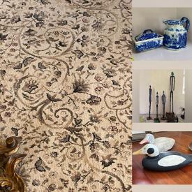 MaxSold Auction: This online auction features area rugs, Royal Doulton figurines, DVDs, room screen, glass-topped tables, humidifier, gold, silver & costume jewelry, dry sink, art glass, antique chest, wicker furniture, metal art, wood decoys, secretary desk, stained glass style lamp, Fenton glass, art pottery, decanters, Flow Blue, collector plates & spoons, Hummel, Nao figurines, Belleek, teacup/saucer sets, desk & chair, Swarovksi figurines, and much, much, more!!!