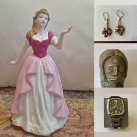 MaxSold Auction: This online auction features gold jewelry, new Swarovski crystal necklaces, silver jewelry, jade jewelry, vintage Chinese collectibles, indoor water fountain, Royal Doulton figure, live plants, original artworks, decorative plates, wood bar cart, soapstone carving, elephant collection, Capodimonte flowers, bird figurine collection, oil lamps, decanters, area rug & runners, sectional sofa, beer steins, DVDs, mantel clocks, Tiffany-style lamp, cameras & accessories, small kitchen appliances, men’s & women’s clothing, vintage Indian bangles, watches, costume jewelry, and much, much, more!!!
