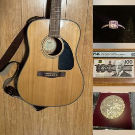 MaxSold Auction: This online auction features banknotes, coins, silver jewelry, medallions, autographed jersey, vintage Corningware, pearl jewelry, guitar, violin, Swarovski jewelry, and more!