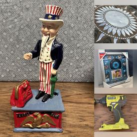 MaxSold Auction: This online auction features wind-up toy, vintage cameras, antique cast-iron collectibles, power & hand tools, sports equipment, silver, gold & costume jewelry, porcelain eggs, garden tools, new framed postage artwork, vinyl records, metal wall art, sewing machine, amp, golf balls, antique desk, games, women’s clothing, DVDs, concert T-shirts, wood carving, bikes, kids workbench, compressor, fishing gear, sports trading cards, small kitchen appliances, games, and much, much, more!!!