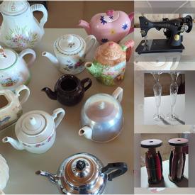 MaxSold Auction: This online auction features vintage teapot collection, sewing machines, free standing hammock, vintage tools, beer steins, vintage children’s books, antique wooden spools, oil lamps, milk glass, cookie jars, Hummel, desk, antique steamer trunk, Christmas village buildings, and more!