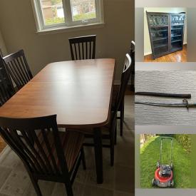 MaxSold Auction: This online auction features glass top table, counter stools, fabric, antique display cabinet, antique chairs, area rug, Harry Potter collectibles, puzzles, baby toys, costumes, costume jewelry, TV, mirrors, sconce lamps, sports equipment, shelving, patio furniture, garden tools, lawn mower, and more!