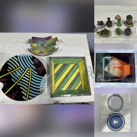MaxSold Auction: This online auction features Oriental tea set, sushi plates, wood carvings, art pottery, decorative plates, art glass, Indian oil lamps, James Houston artwork, brass collectibles, and more!