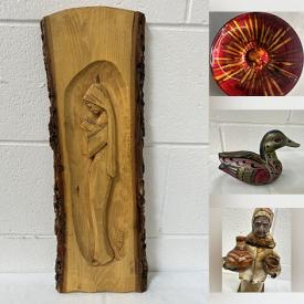 MaxSold Auction: This online auction features vintage jewelry, watch, wood carving, wall mask, Sophie Taylor prints, men’s shoes, John Perry sculptures, duck decoys, Hoselton sculpture, oil lamps, wooden wine cases, vintage Mexican papier mache figures, vintage tins, model boats, wooden photo frames, coffee table books, abstract paintings, art glass, vintage glass lampshades, and much, much, more!!!