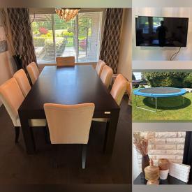 MaxSold Auction: This online auction features glass top table, modern artwork, floor vases, chrome pillars, Sid Dickens tiles, office desk & chair, bookcases, area rug, TVs, sun style mirror, puzzles, bikes, trampoline, patio table, and more!